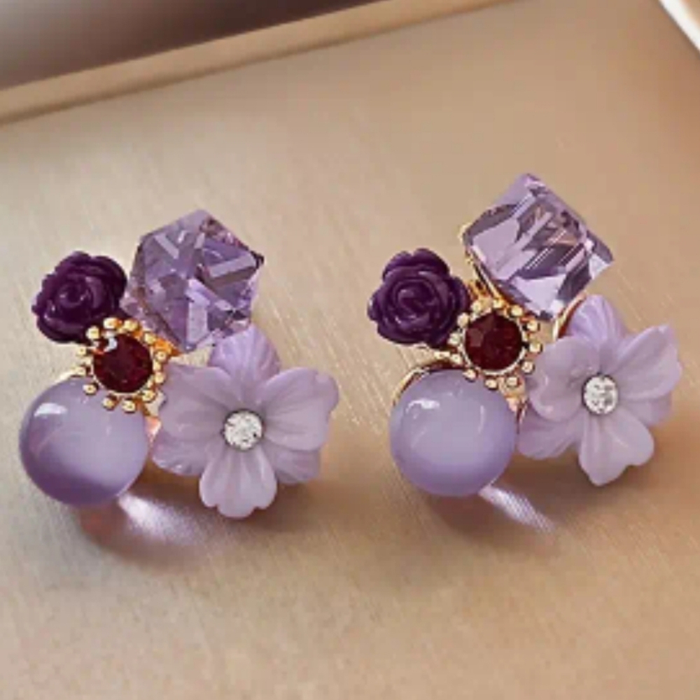 Lilac Spring FLOWER BLING  Pierced Earrings JUST WOW